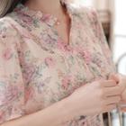 Buttoned V-neck Floral Chiffon Dress
