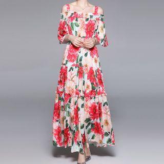 Elbow-sleeve Cold Shoulder Floral Print Maxi A-line Dress