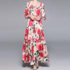 Elbow-sleeve Cold Shoulder Floral Print Maxi A-line Dress