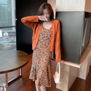Set: Open-knit Cardigan + Floral Dress