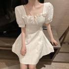 Ruffled Lace-up Elbow-sleeve Mini A-line Dress