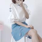 Elbow-sleeve Chiffon Top / Denim A-line Mini Skirt