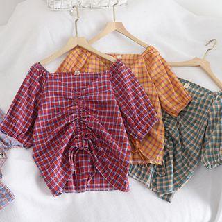 Plaid V-neck Drawstring Top