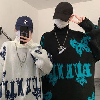 Couple Matching Turtleneck Butterfly Print Sweater