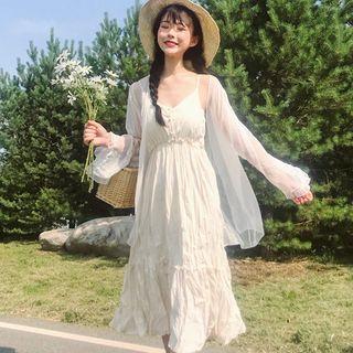 Spaghetti Strap Shirred Midi Dress / Balloon-sleeve Jacket