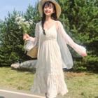 Spaghetti Strap Shirred Midi Dress / Balloon-sleeve Jacket