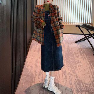 Double Breasted Plaid Blazer / Long-sleeve T-shirt / Midi A-line Denim Jumper Dress
