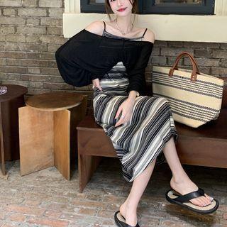 Spaghetti-strap Striped Midi Sheath Dress / Long-sleeve Off-shoulder Top