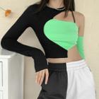 Long-sleeve Irregular Two-tone Crop Top