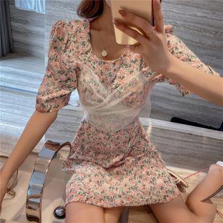 Short-sleeve Floral Print Mesh Panel A-line Dress