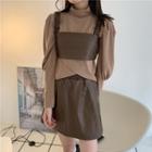 Long-sleeve Mock-neck Top / Faux Leather Camisole Top / Mini A-line Skirt