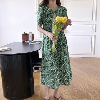 Crewneck Floral Pleated A-line Dress