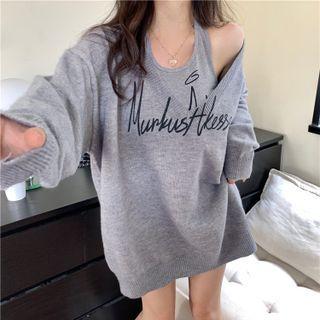Set Of 2 : Oversized V-neck Lettering Sweater + Halter-neck Lettering Tank Top