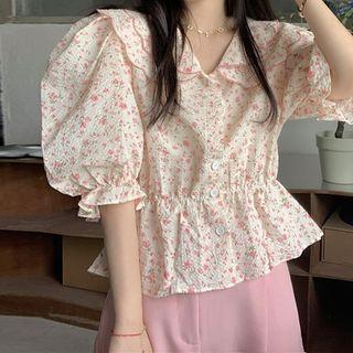 Short-sleeve Sailor Collar Floral Blouse Light Pink - One Size