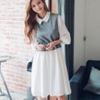 Mock Two Piece Striped Panel Collared 3/4 Sleeve Dress