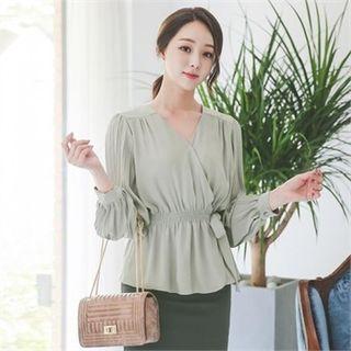 Pleated-sleeve Tie-waist Blouse