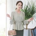 Pleated-sleeve Tie-waist Blouse