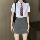 Short-sleeve Shirt With Necktie / Mini Pencil Skirt