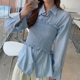 Long-sleeve Plain Shirt / Ruffle Trim Cropped Camisole Top