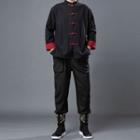 Frog-button Mandarin Collar Blouse / Straight-cut Pants