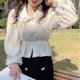 Long-sleeve Collared Bow Plain Top