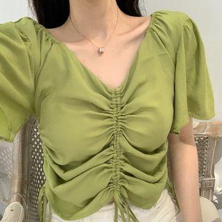 Short-sleeve Drawstring Front Top