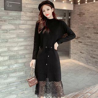 Long-sleeve Midi Lace Panel Knit Dress