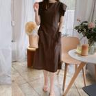 Pintuck-sleeve Pocket-detail Dress With Sash Brown - One Size