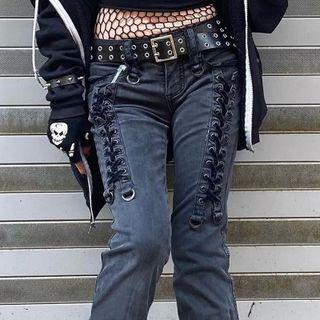 Mid Rise Lace-up Straight Leg Jeans