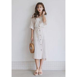 Elbow-sleeve Tie-waist Long Shirtdress