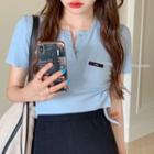 Short-sleeve Henley T-shirt / Drawstring A-line Skirt