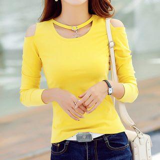 Long-sleeve Cutout Shoulder Plain T-shirt