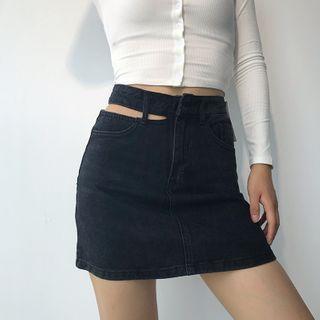 Cut-out Mini Pencil Denim Skirt