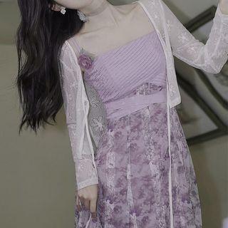 Spaghetti Strap Floral Print Panel Midi Dress / Floral Print Cardigan / Set