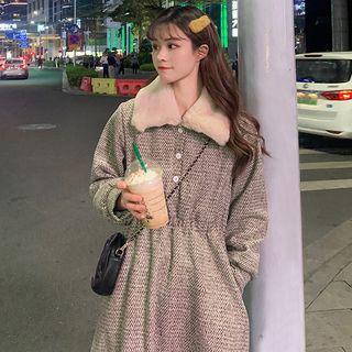 Faux-fur Collar Long-sleeve A-line Dress As Shown In Figure - One Size
