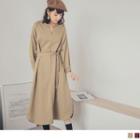 Gather-cuff V-neck Midi Dress