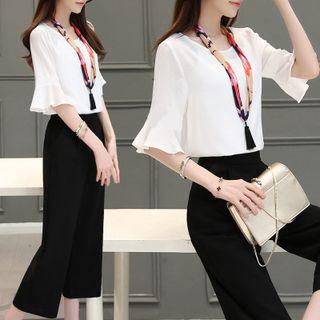 Set: Bell-sleeve Top + Wide Leg Pants