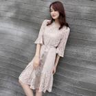 Set: Elbow-sleeve Lace Dress With Sash + Strappy Dress