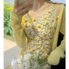 Floral Print Spaghetti Strap Midi Dress / Ribbed Knit Cardigan