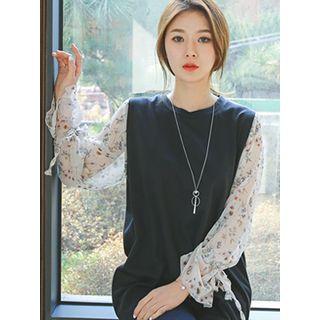 Floral Chiffon-sleeve Tie-cuff Top