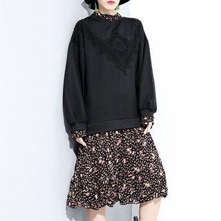 Mock Two-piece Long-sleeve Floral Print Midi Dress Black - One Size