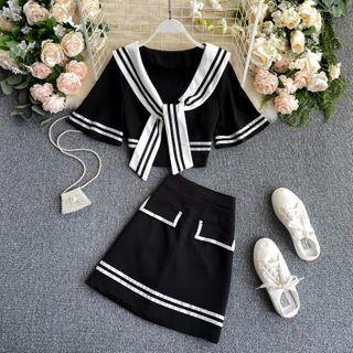 Set: Short-sleeve Sailor Collar T-shirt + Mini A-line Skirt T-shirt - Black - One Size / Skirt - Black - One Size