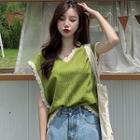 Lace Trim Knit Vest Green - One Size