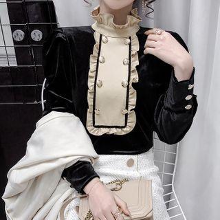 Long-sleeve Ruffled Mock-neck Velvet Blouse