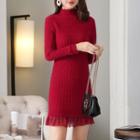 Mock Turtleneck Long-sleeve Lace Trim Mini Knit Dress
