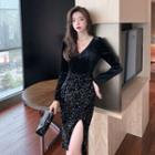 Long-sleeve Sequined Panel Midi A-line Dress