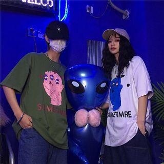 Elbow-sleeve Monster Print T-shirt