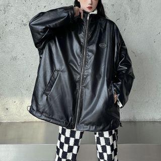 Faux Leather Zip-up Jacket Almond Heart - White - One Size
