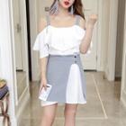 Set: Off-shoulder Ruffle Trim Elbow-sleeve Dress + Asymmetric A-line Skirt