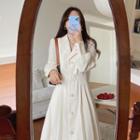 Lantern-sleeve V-neck Plain Lace Up A-line Dress